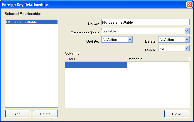 Foreign Key Relationships Dialog