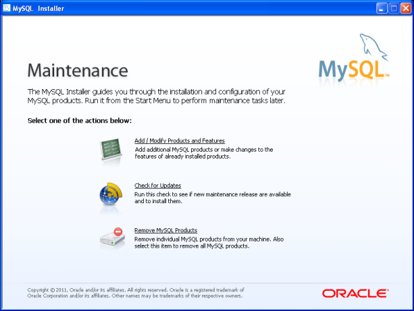 MySQL Installer - Maintenance Screen