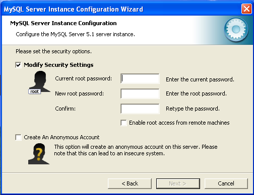 MySQL Server Instance Config Wizard:
              Security (Existing Installation)